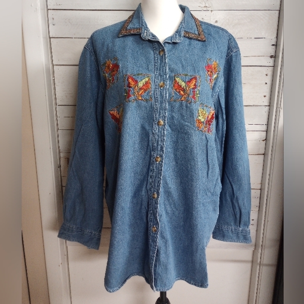 Vintage Cabin Creek Denim Button Down Shirt Shacket Size Large Embroidered Leave